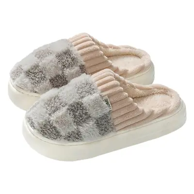 Furry Slippers for Women Autumn and Winter Indoor Home Household Warm Fleece-Lined Confinement Shoes Thick-Soled Couple Cotton Slippers Wholesale