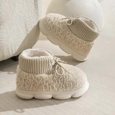 Furry Lace-Up Cotton Shoes for Women, Winter Plush Cotton Slippers for Men, Versatile Thick-Soled High-Heeled Home Anti-Slip Boots