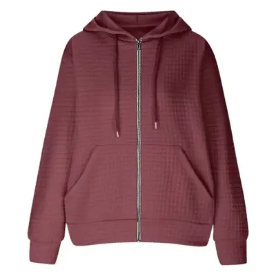 Women Waffle Hoodie Maroon Long Sleeve Winter Coat
