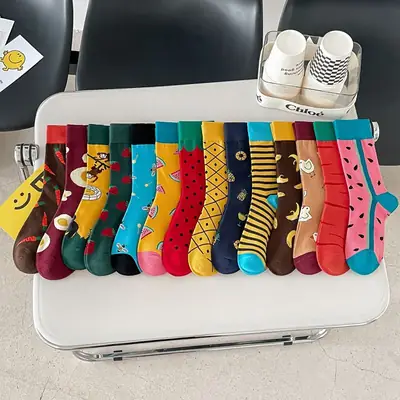 happy trendy men's and women's couple's fashionable socks men's long cotton socks animal color fruit jacquard socks socks socks