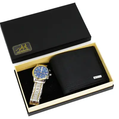 Men's Blue Quartz Watch & Wallet Set Black Gold