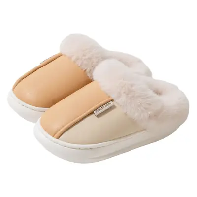 Women Winter Fleece Slippers Beige PU Leather Non-Slip