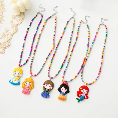 Children's Cartoon Necklace with Rice Beads & Doll Pendant
