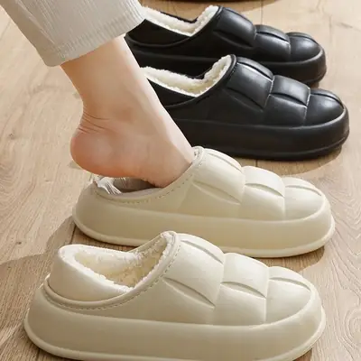 Waterproof Cotton Slippers for Women Winter Warm Thick Soles