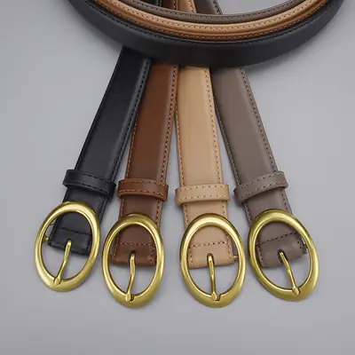 Women's Brown Cowhide Belt with Gold Oval Buckle
