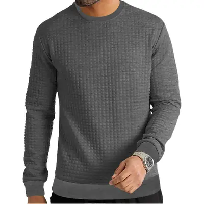 Men's Grey Waffle Knit Sweatshirt Long Sleeve Casual