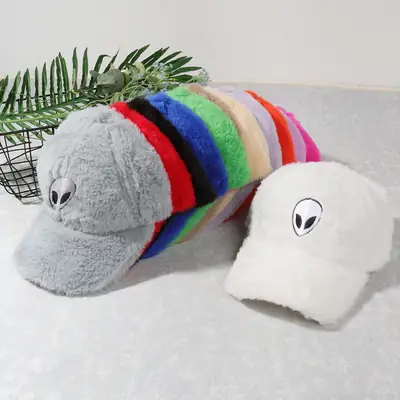 Green Furry Plush Baseball Cap with Alien Design