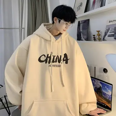 Men China Print Hoodie White Loose Oversize