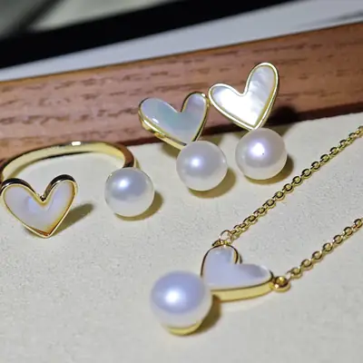 925 Silver Heart Necklace Set with Pearl Drop