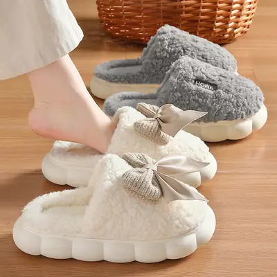 Green Bow Cotton Slippers Women Winter Warm Home