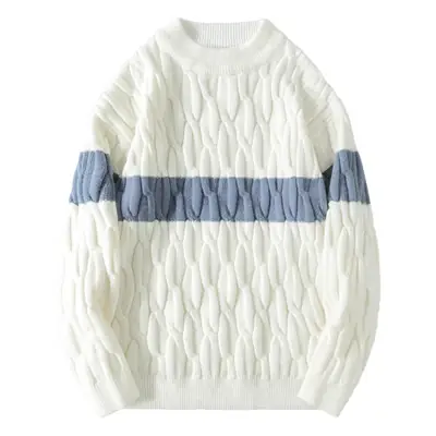 Men's White Cable Knit Pullover Sweater Retro Loose All-match