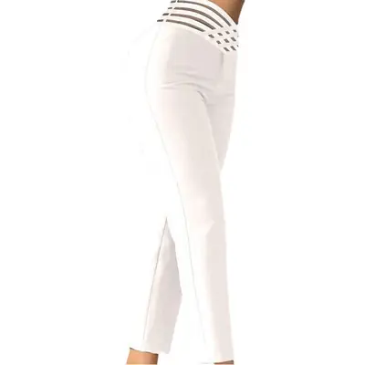 2023 Women's Black Ribbon Belted Hollow Waist Casual Pants
