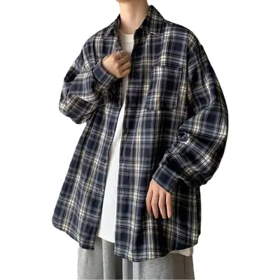 Japanese Plaid Long Sleeve Shirt for Men Spring Autumn