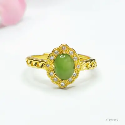 Guan Yu Jade Jasper Ring Gold Plated Rhinestone Set