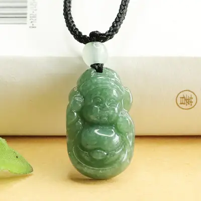 Full Green Jade Little God Necklace for Men Women