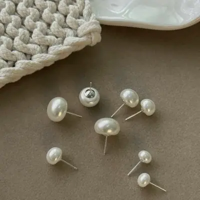 S925 Sterling Silver Pearl Earrings Women's Flat Pearl Earrings