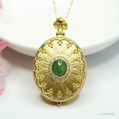 Guan Yu Jade Pendant Necklace Antique Gold Green Stone