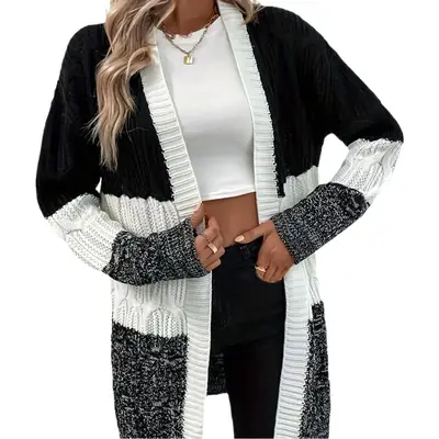 Women Crossbody Cardigan Set Black White Striped Knitted