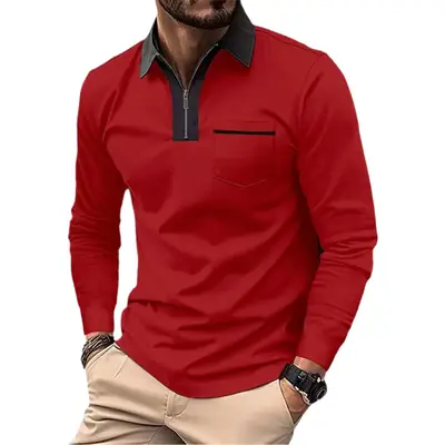 Men's Cream Polo Shirt Long Sleeve Collared Half-Zip