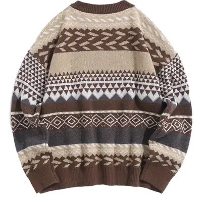 Women Waxy Knitted Sweater Brown Diamond Pattern