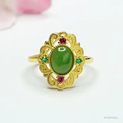Guan Yu Jade Jasper Ring Green Red Gold