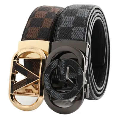 Hongsheng Men's Checkered Leather Belt with Gold Buckle