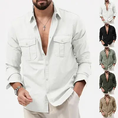 Men's Green Button-Down Shirt with Multi-Flap Pockets