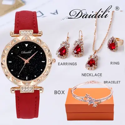 Women's Diamond Watch & Earrings Set Blue Leather Strap
