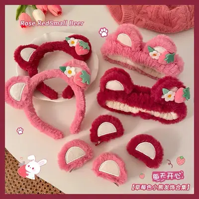 Pink Strawberry Bear Face Wash Headband for Women