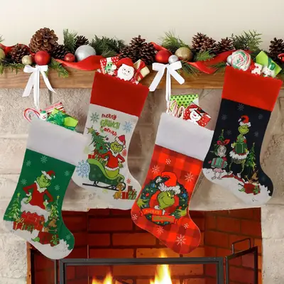 Christmas Stockings Decor Tree with Grinch & Green Furry Design