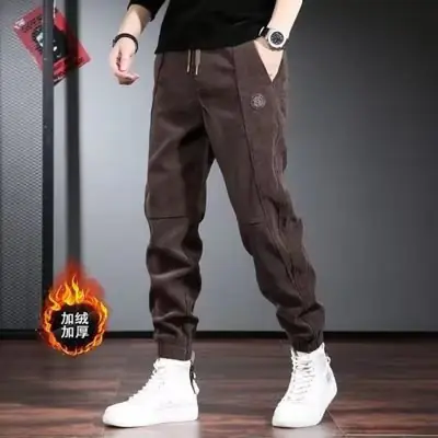 Men Embroidered Fleece Pants Black Ankle Length Casual Wear