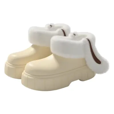 Women Cream Wool Fleece Rabbit Ear Slippers Winter
