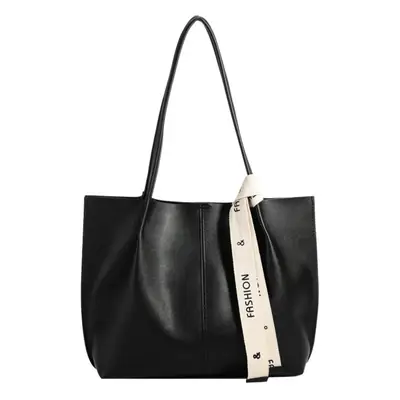 Soft Leather Large Capacity Shoulder Tote Bag Black White