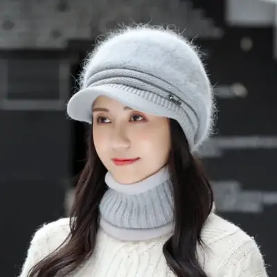 Women's Pink Fleece Winter Hat with Neck Warmer