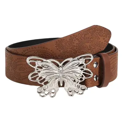 Brown Leather Butterfly Buckle Belt for Women Men