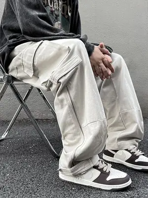 Men's White Wide Leg Cargo Pants with Black Sneakers