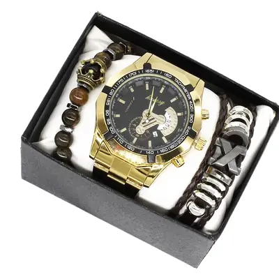 Men's Gold Moon Phase Watch Set with Bracelet