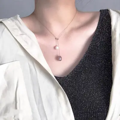 Natural Alien Wrinkled Leather Pearl Necklace Double Pendant