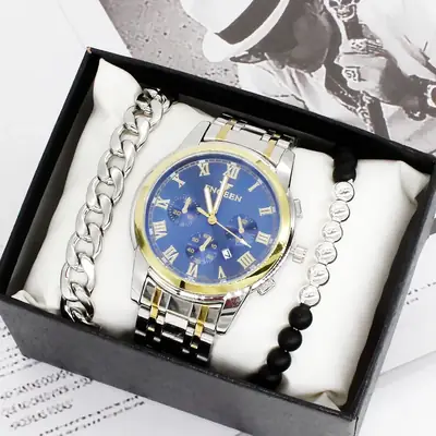 Men's Blue Quartz Watch Set with Bracelet