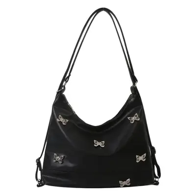 Black Leather Butterfly Shoulder Bag for Women