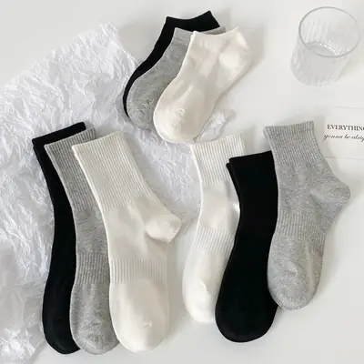 White Socks for Women, Spring and Autumn Mid-Calf Socks, Pure Cotton, Non-Pilling, High-Calf Socks, Sports Short Socks, Odor-Resistant, Black Men's Socks, Autumn