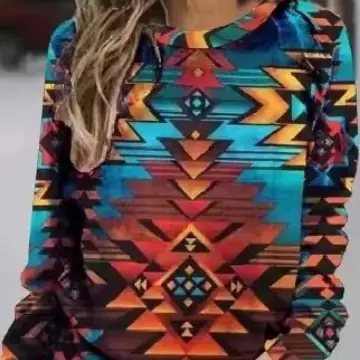 2023 European and American Foreign trade new women's clothing retro Western ethnic geometric digital printing women's sweater 7007