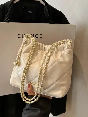 Women Quilted Chain Satchel Bag Cream Gold