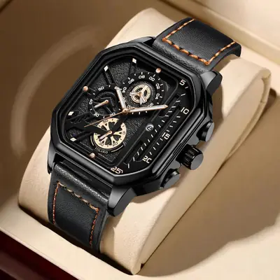 Men's Black Chronograph Watch with Leather Strap