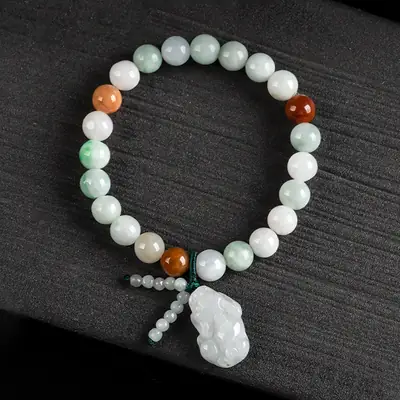 Natural Jade Bracelet with Three Color Beads & Pendant