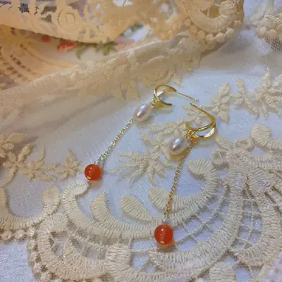 Gold Pearl Earrings Red Agate Long Pendant Set