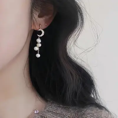 Super Flash Moon Zircon Earrings Natural Pearl Long Dangle