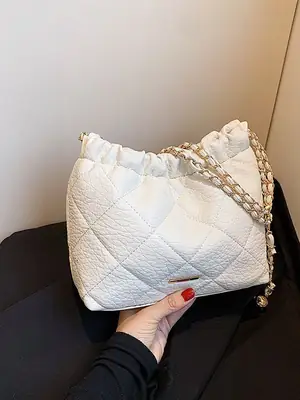 White Pleated Leather Shoulder Bag with Chain Strap