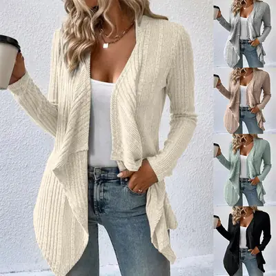 Women's Beige Knitted Long-Sleeve Cardigan Top