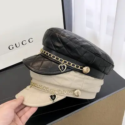 Women's Beige Quilted Peaked Hat with Heart Chain